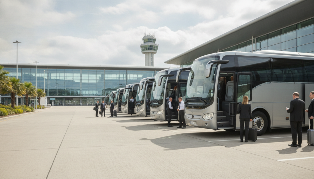 Corporate Event Excellence: Seamless Coach Hire from Stansted — executive coach meeting a group at Stansted Airport
