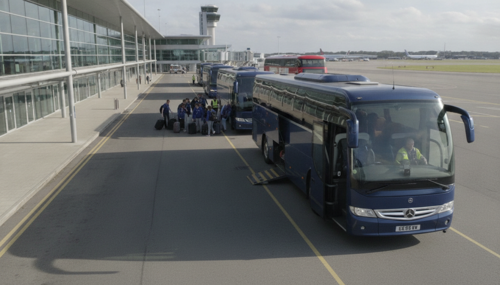 School Trip Success: Safe & Reliable Coach Services to Stansted Airport — executive coach meeting a group at Stansted Airport