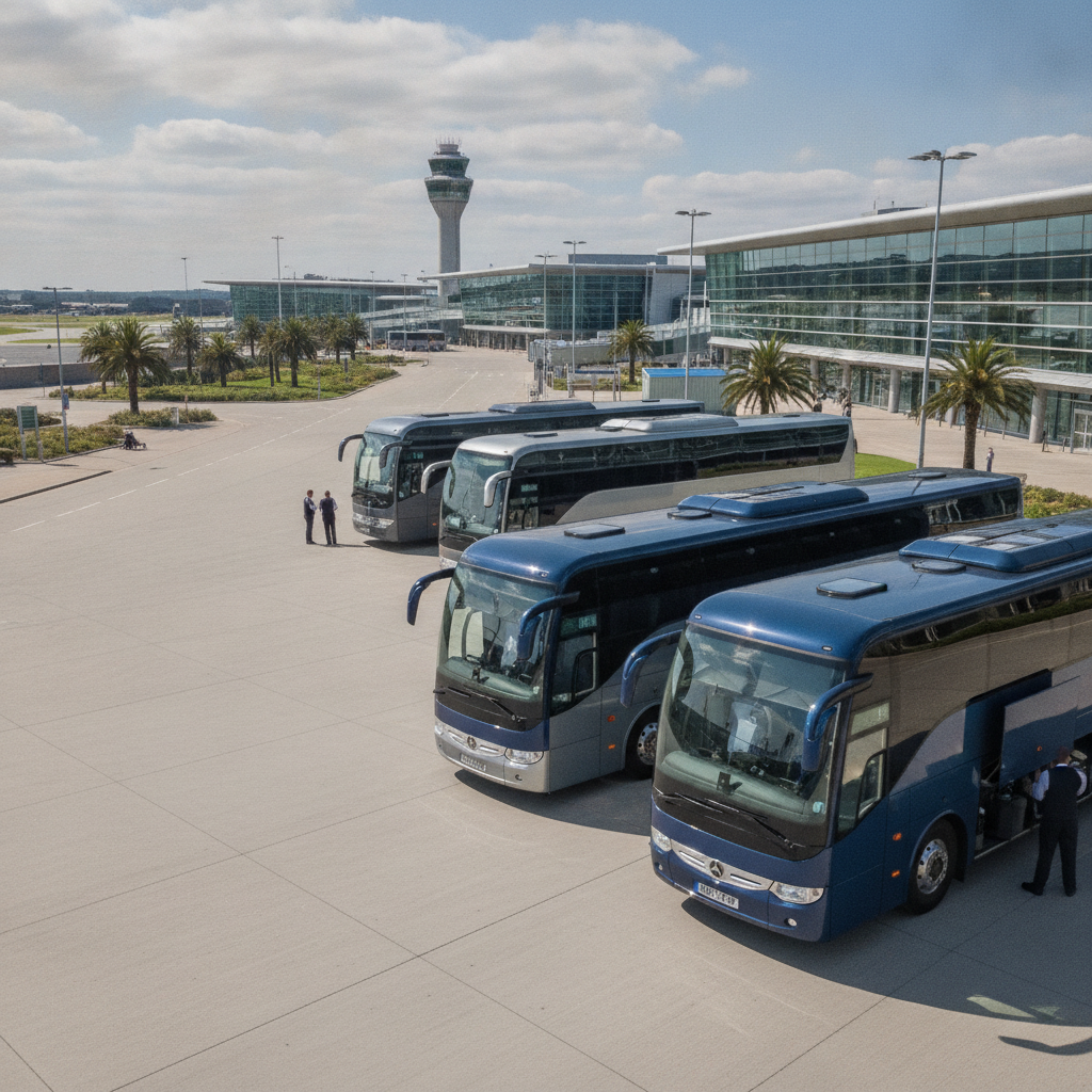 Our coach Fleet for Stansted Transfers — executive coach meeting a group at Stansted Airport