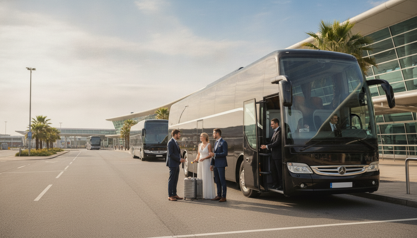 Wedding Guest Transfers: Elegant Coach Travel to Stansted — executive coach meeting a group at Stansted Airport