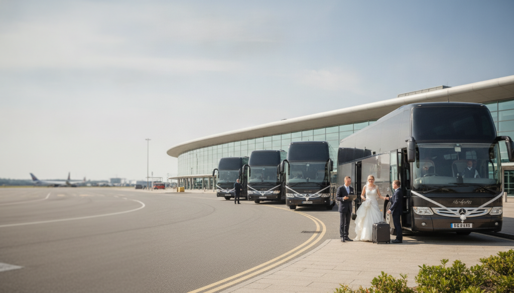 Arriving in Style: Stansted Coach Hire for Your Wedding Party — executive coach meeting a group at Stansted Airport