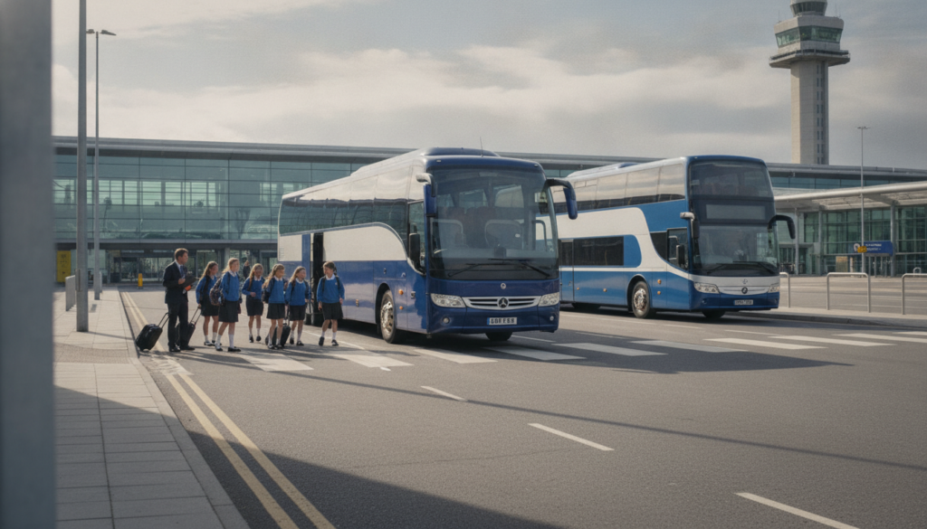 Maximising School Trip Safety with Professional Stansted Coach Hire — executive coach meeting a group at Stansted Airport