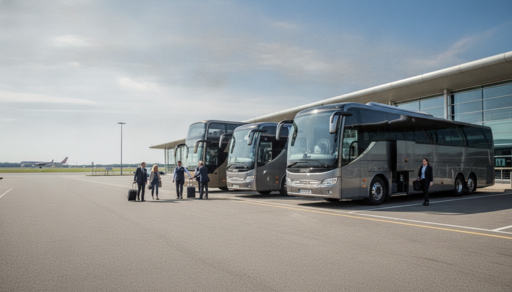 Streamlining International Group Tours: Stansted Coach Logistics — executive coach meeting a group at Stansted Airport